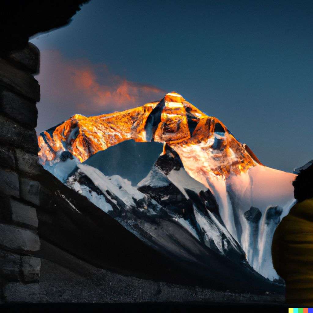 someone gazing at Mount Everest, photograph, golden hour lighting